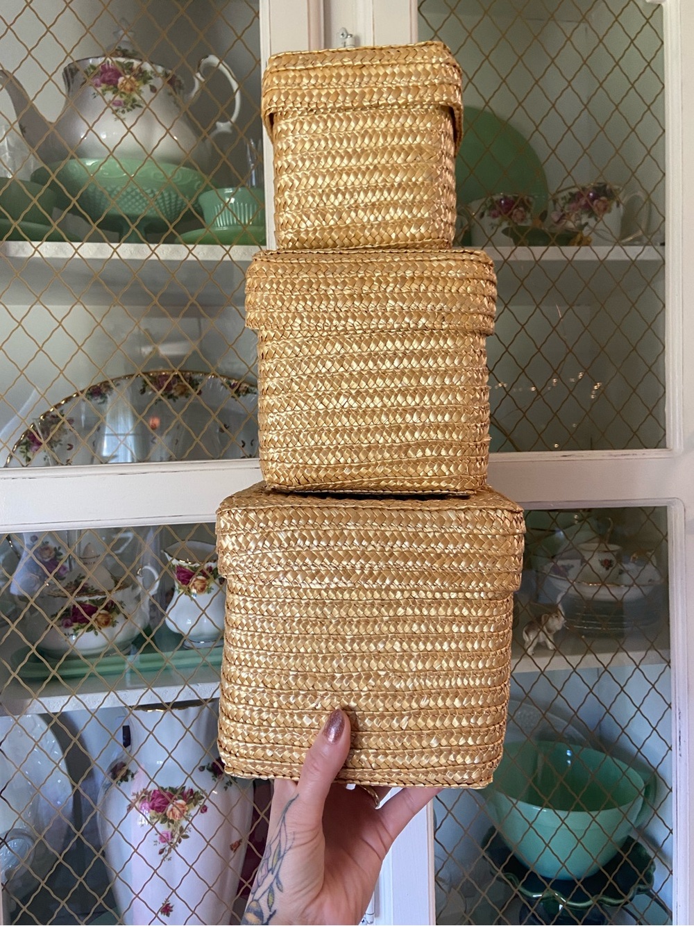 Nesting Woven Straw Basket Bins Lids Storage Natural Kitchen Bath Farmhouse Deco